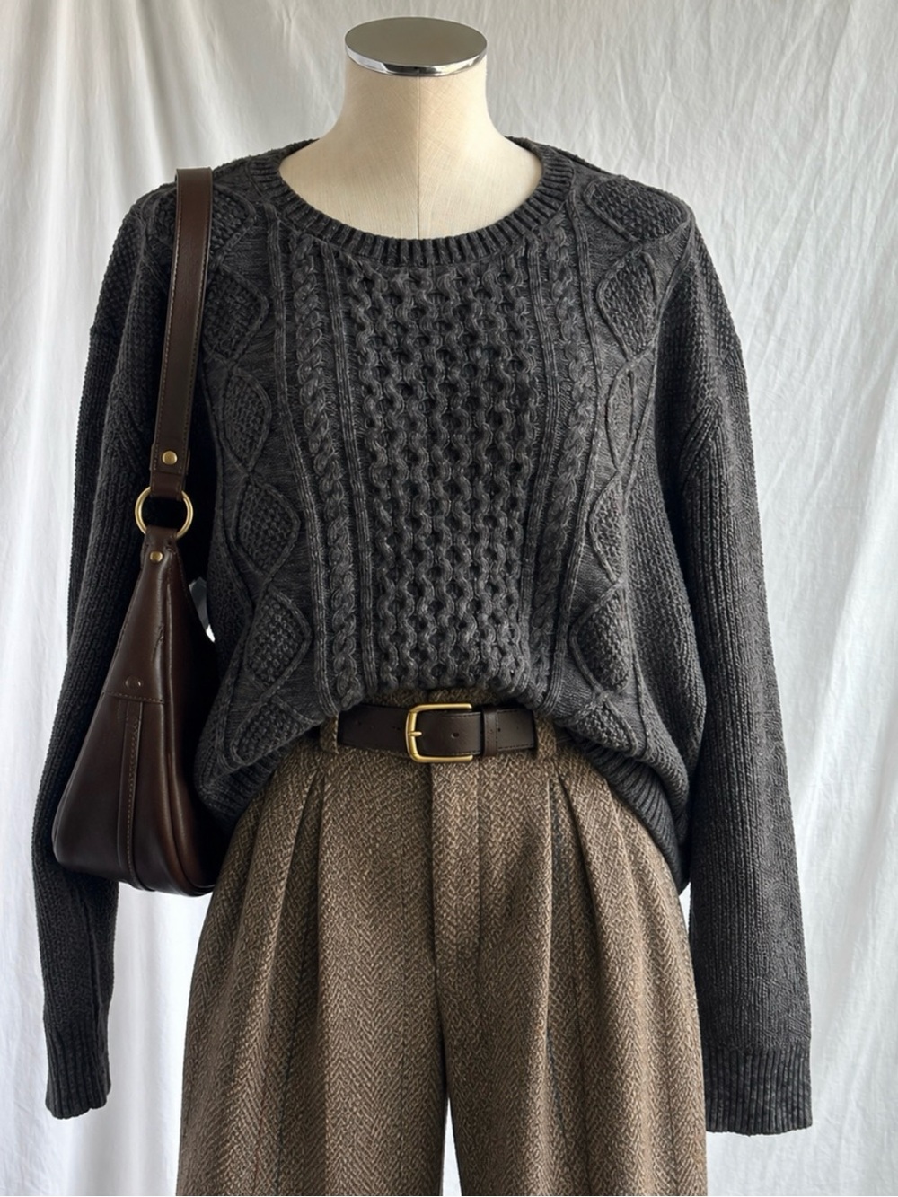 GAP Charcoal Gray / Brown 100% Cotton Aran Cable Knit Fisherman Sweater | Size